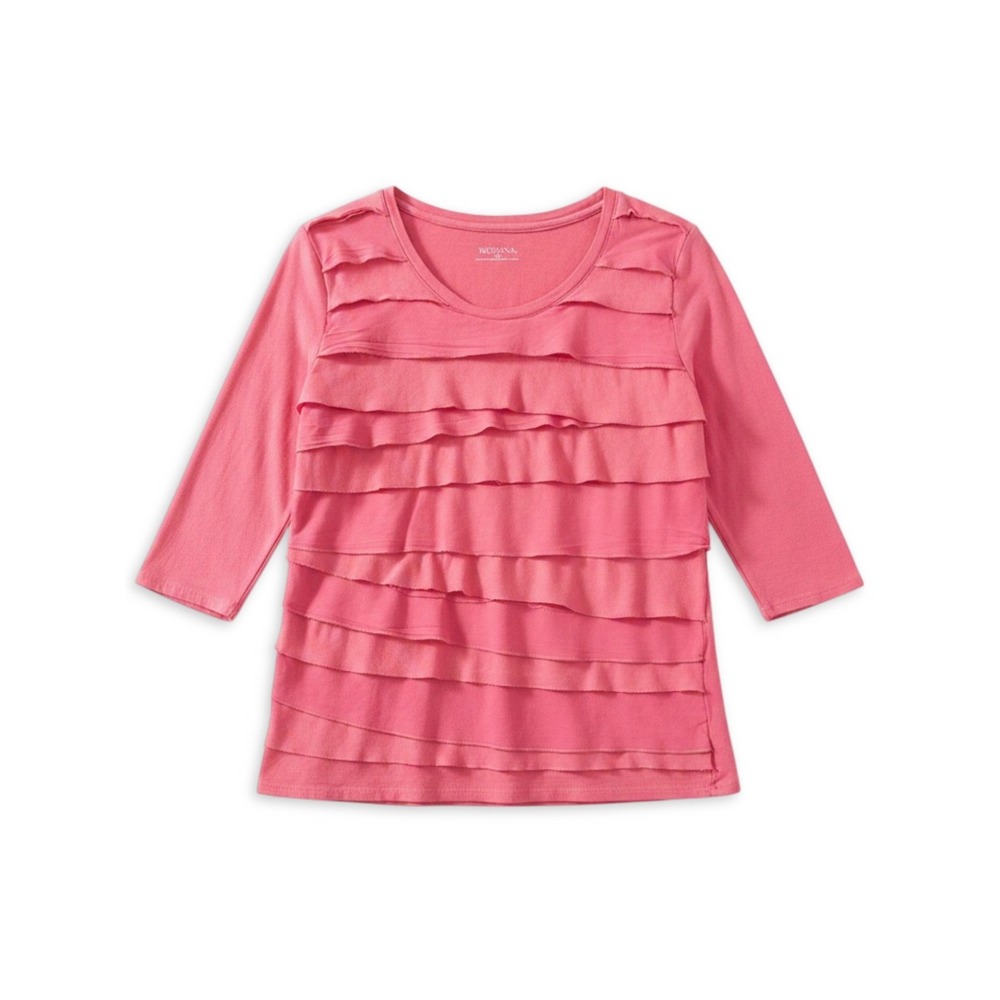 Merona Ruffle Front Tee Womens L Pink 3/4 Sleeve Shabby Chic Romantic Soft Girl